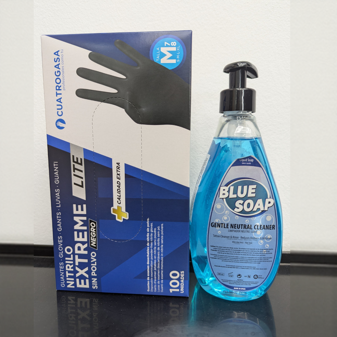 Caja de guantes + jabón azul Super Oferta