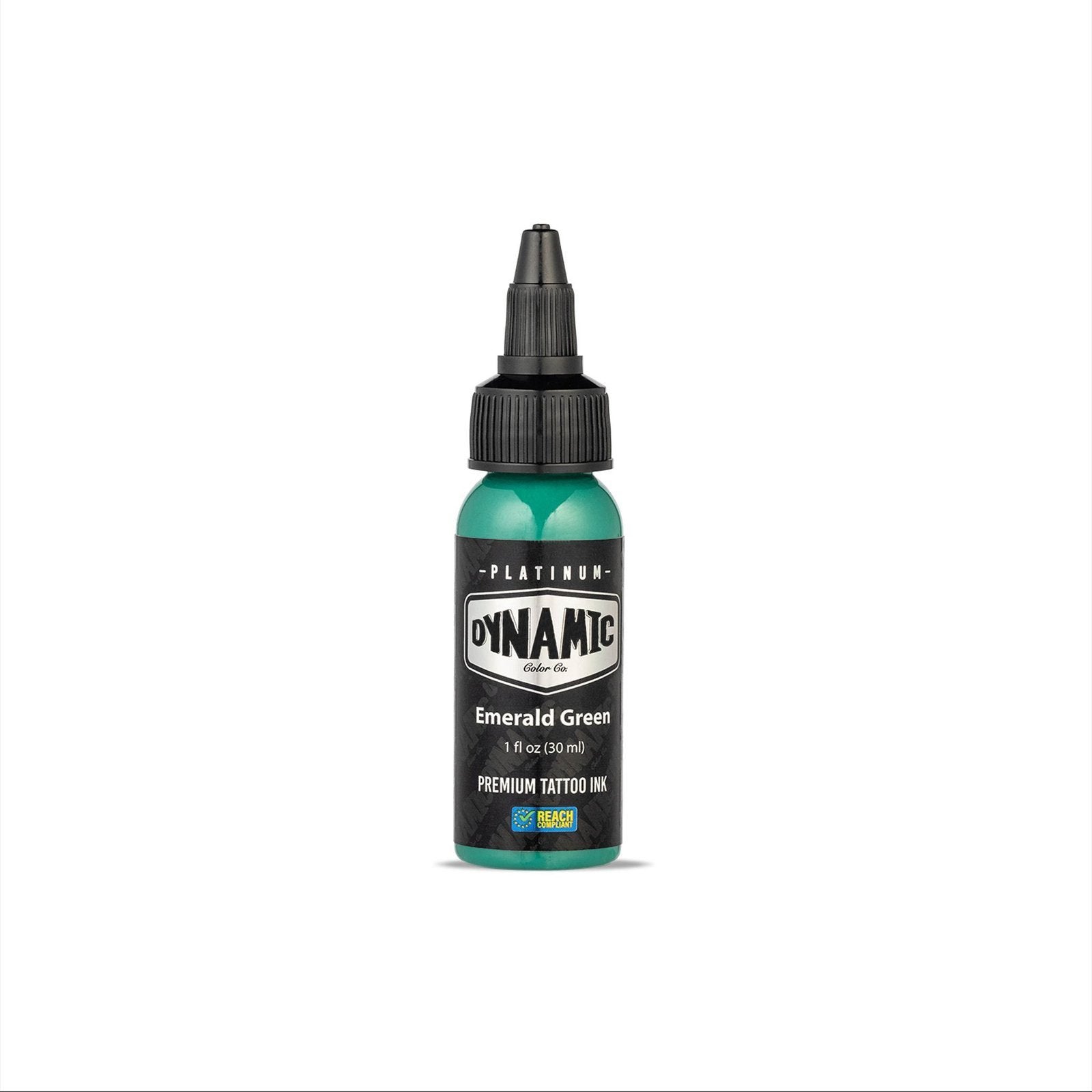 Imagen detallada de Tinta Dynamic Platinum Emerald Green 30 ml en Viking Tattoo Shop, perfecto para tus proyectos de tatuaje.