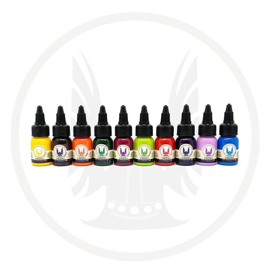 Fotografía de Set 10 colores Viking 1/2oz (15ml) (Viking-Ink) en Viking Tattoo Shop, suministros premium para artistas del tatuaje.