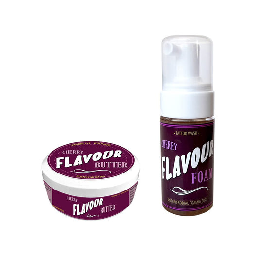 Fotografía de FLAVOUR TATTOO Butter 200ml + Foam 110ml CHERRY en Viking Tattoo Shop, suministros premium para artistas del tatuaje.