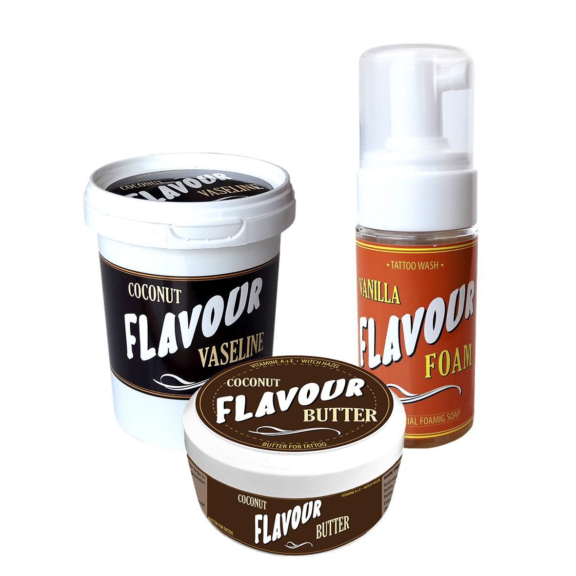 Visualiza FLAVOUR TATTOO Butter 200ml + Vaseline 500ml + Foam 110ml COCO/VAINILLA en Viking Tattoo Shop, herramienta esencial para tatuadores profesionales.