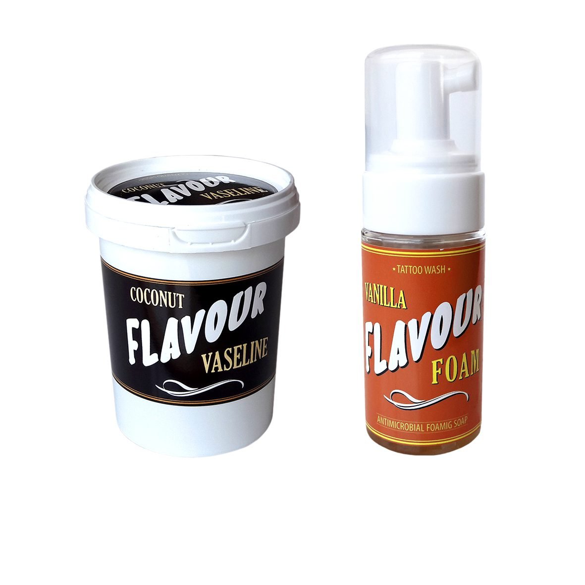 Imagen de FLAVOUR TATTOO Vaseline 500ml + Foam 110ml COCO/VAINILLA disponible en Viking Tattoo Shop, insumos de alta calidad para tatuadores.