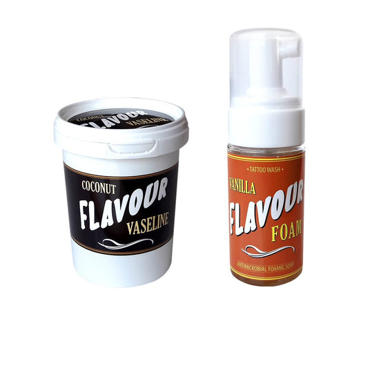 Imagen de FLAVOUR TATTOO Vaseline 500ml + Foam 110ml COCO/VAINILLA disponible en Viking Tattoo Shop, insumos de alta calidad para tatuadores.