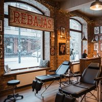 Quieron una imágen de un estudio de tatuaje en invierno con un cartel que dice 