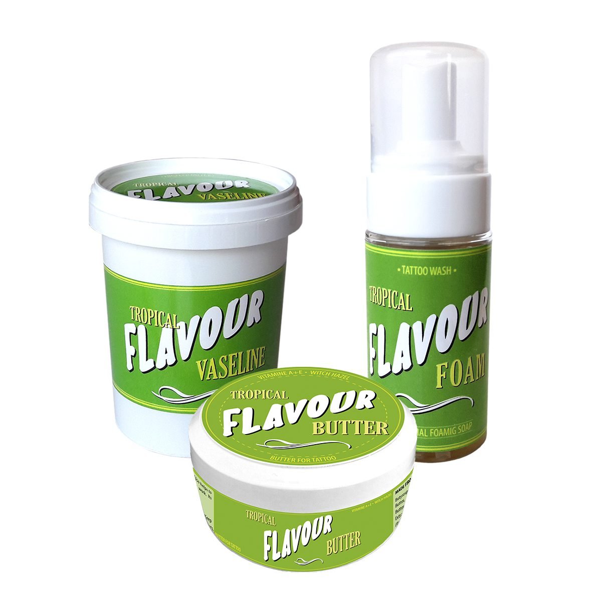 Foto de FLAVOUR TATTOO Butter 200ml + Vaseline 500ml + Foam 110ml TROPICAL en Viking Tattoo Shop, el mejor equipamiento para tatuajes.