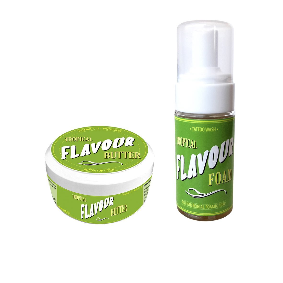 Visualiza FLAVOUR TATTOO Butter 200ml + Foam 110ml TROPICAL en Viking Tattoo Shop, herramienta esencial para tatuadores profesionales.